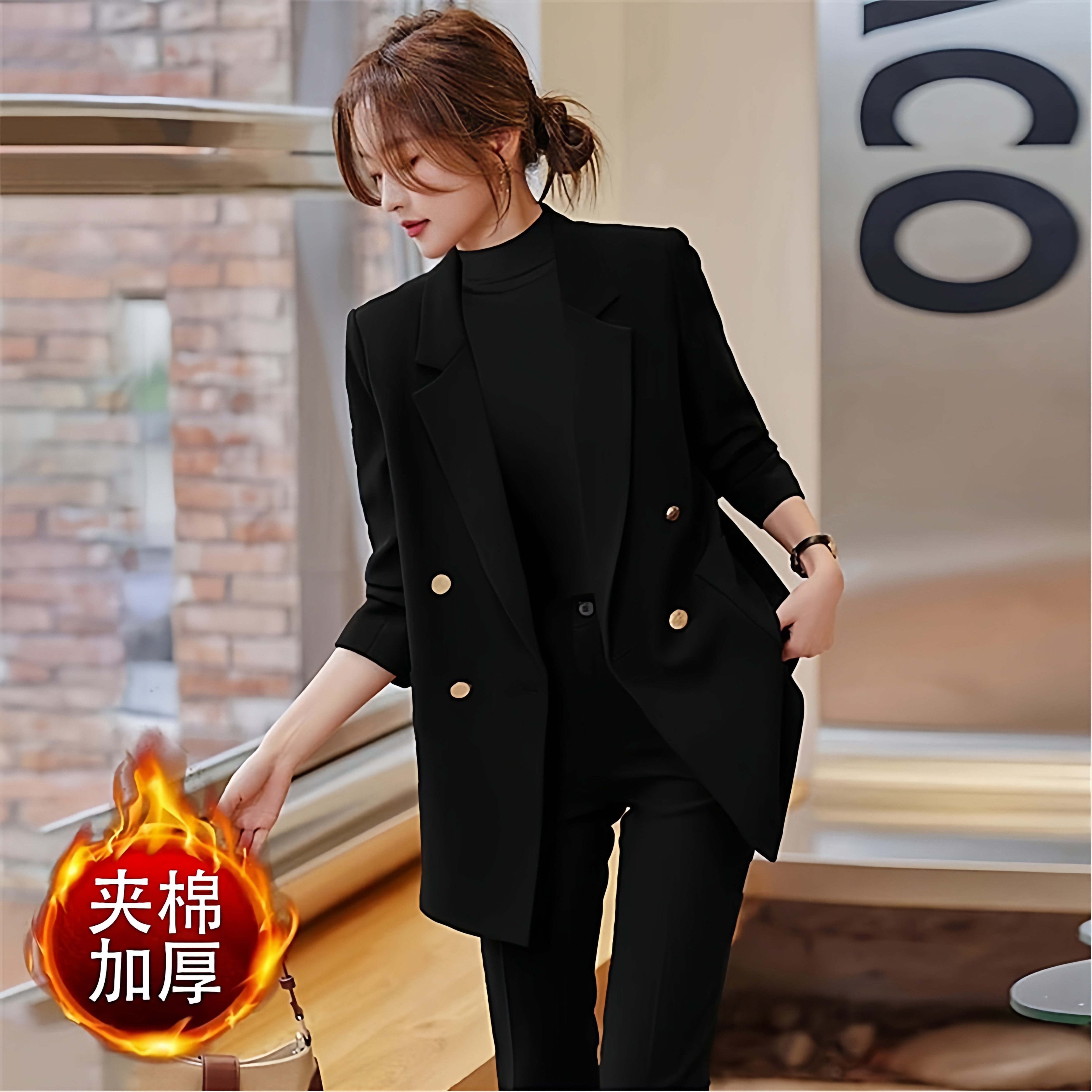 女秋冬加厚黑色夹棉西服职业保暖厚款西装高级正装套装感休闲外套