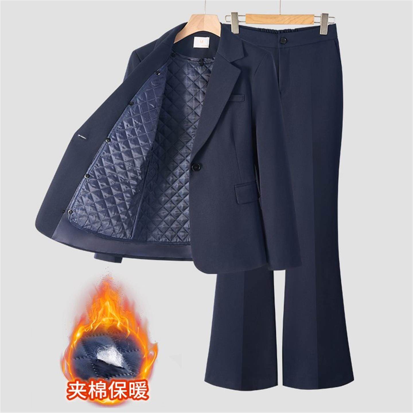 套装女工作服加厚夹棉厚款保暖职业藏青色外套正装气质西装秋冬季