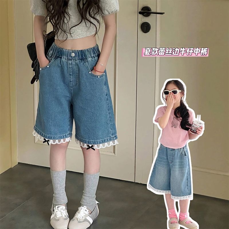 女童夏季蕾丝花边牛仔五分裤