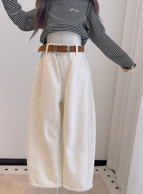 女童秋冬季洋气白色牛仔裤中大童韩版宽松一体加绒加厚裤子儿童装