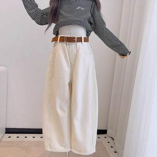 女童秋冬季洋气白色牛仔裤中大童韩版宽松一体加绒加厚裤子儿童装