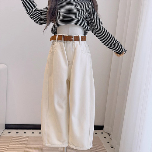 女童春秋冬季洋气白色牛仔裤