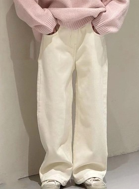 春秋冬季女童牛仔裤中大童韩版一体加绒白色裤子加厚直筒裤儿童装