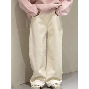 春秋冬季女童牛仔裤中大童韩版一体加绒白色裤子加厚直筒裤儿童装