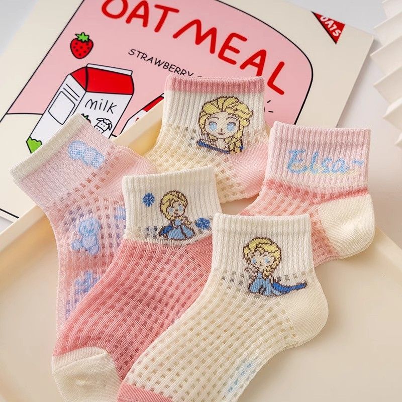女童夏季超薄大网眼袜子儿童甜美卡通艾莎公主短筒袜子女孩空调袜