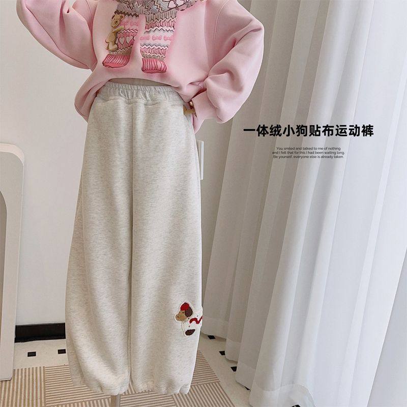 儿童装一体加绒小狗贴布运动裤女童冬季加厚宽松束脚裤中大童卫裤