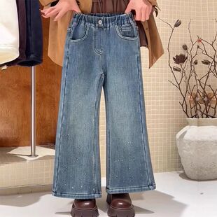 女童春秋新款洋气烫钻裤子儿童装一体加绒加厚微喇裤中大童牛仔裤