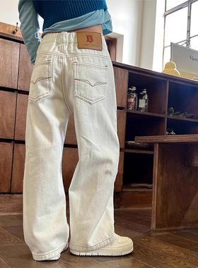 儿童牛仔裤女童春秋冬长裤中大童一体加绒加厚韩版宽松白色直筒裤