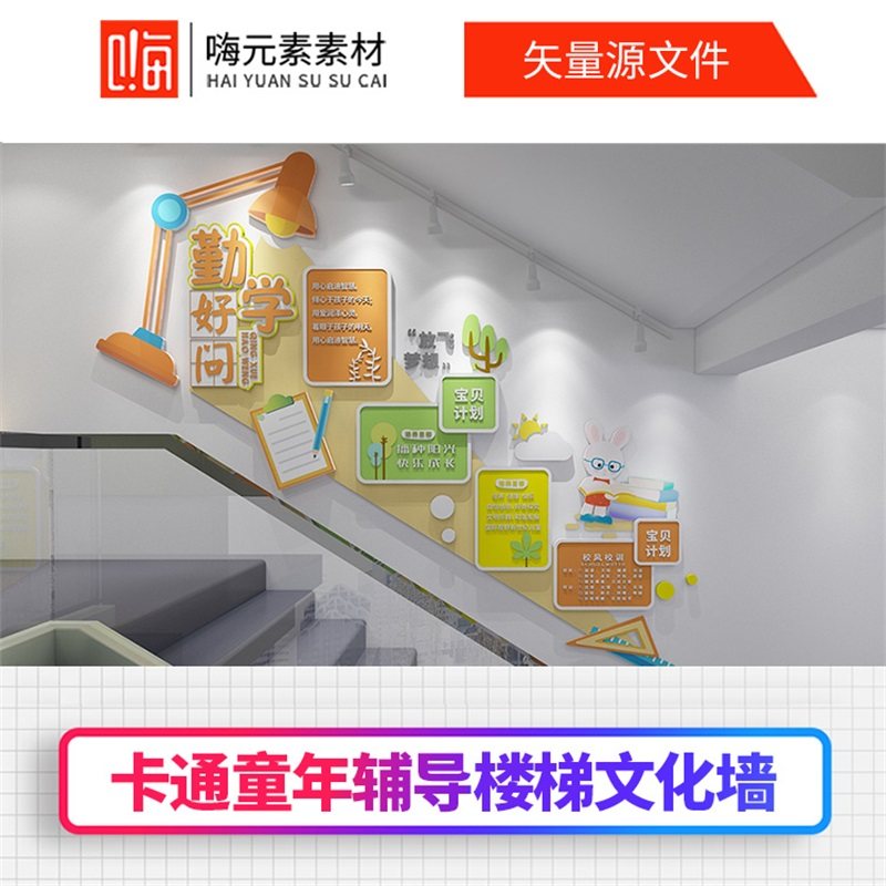 新款卡通童年辅导楼梯文化墙AI素材源CDR设计文件源模板VIP免费