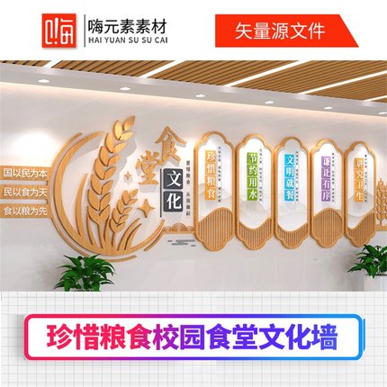 新款中式异形珍惜粮食文化墙校园食堂文化墙AI矢量CDR模板VIP特惠
