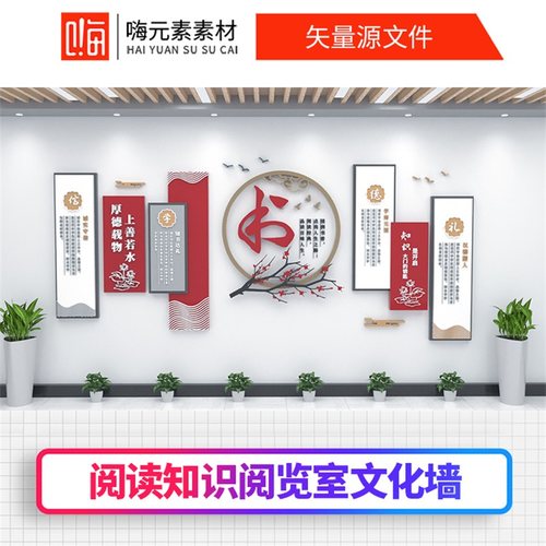 新款中式大气中国风阅读知识阅览室文化墙AI矢量CDR模板VIP