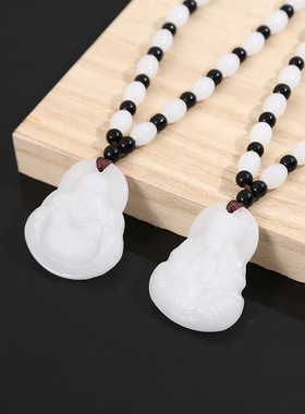 卡卡KA中国风大白玉观音佛吊坠串珠项链 编织抽拉绳 寺庙地摊批发