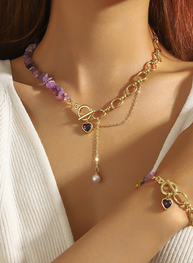 卡卡KA情人节甜酷风紫色系水晶碎石拼接O型链爱心元素设计感项链
