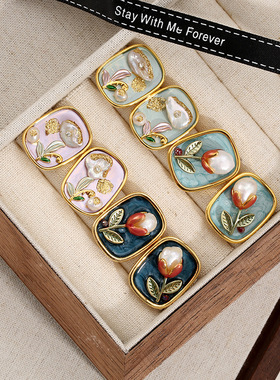 油画中国风中古巴洛克珍珠耳环