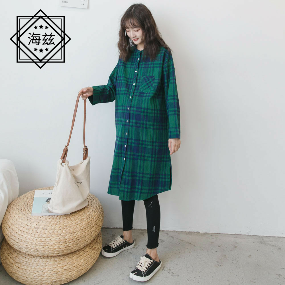 春秋新款孕妇装文艺风立领孕妇格子裙宽松大码长袖孕妇衬衫裙潮妈