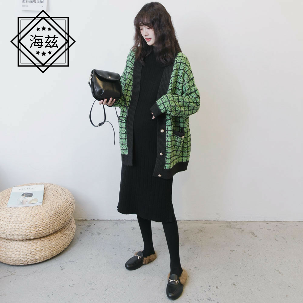 春秋孕妇装时尚韩版孕妇针织格子开衫外套宽松大码长袖上衣潮妈装