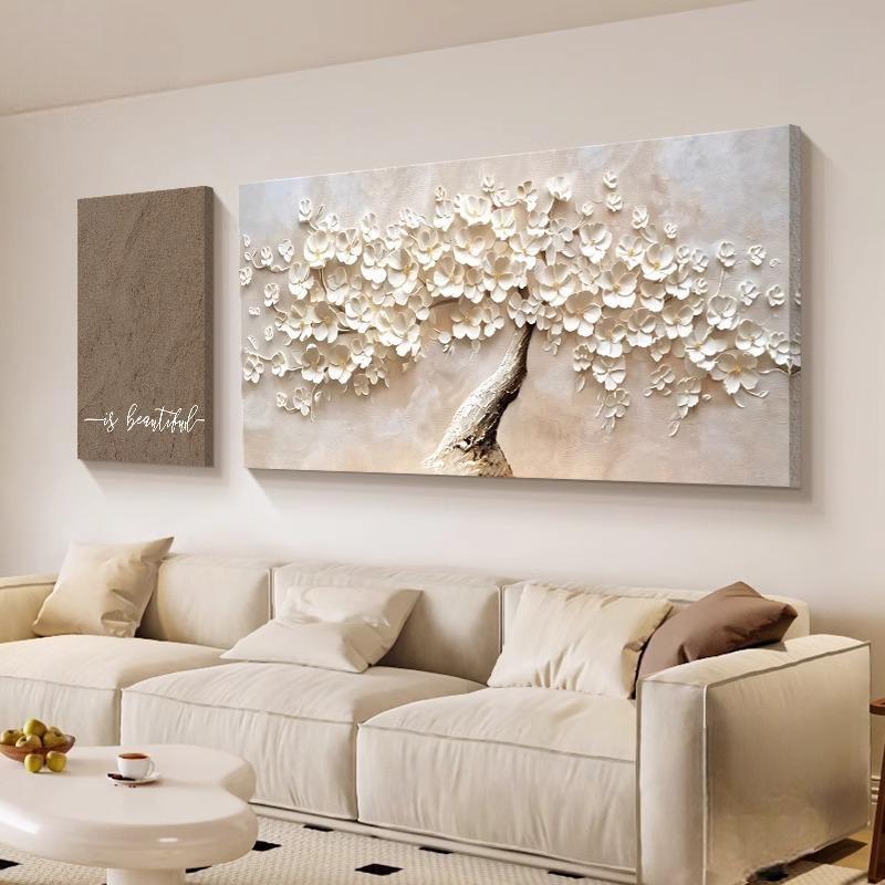 发财树客厅大白墙装饰画高级感沙发背景墙挂画2025新款两联画壁画图片