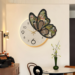 2025新款餐厅挂钟装饰画法式中古风蝴蝶钟表画创意静音客厅墙壁钟