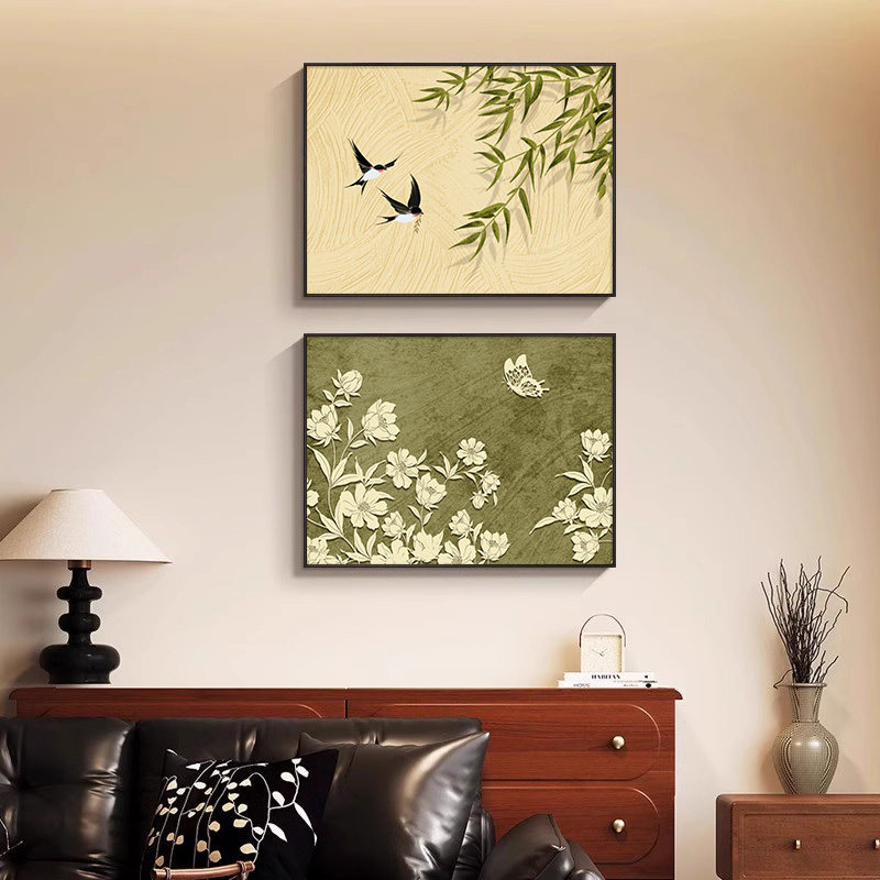 中古风客厅装饰画绿色系竹子飞鸟沙发背景墙挂画餐厅卧室床头壁画,家居饰品,现代装饰画,淘宝优惠券,粉丝福利购,淘宝优惠卷