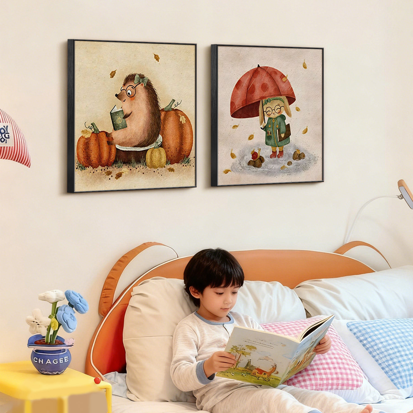 卡通趣味儿童房床头挂画复古动物餐厅挂画法式治愈系书房玄关壁画