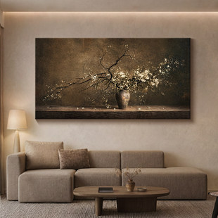 侘寂风客厅装饰画中式禅意梅花肌理感沙发背景墙挂画复古横版壁画
