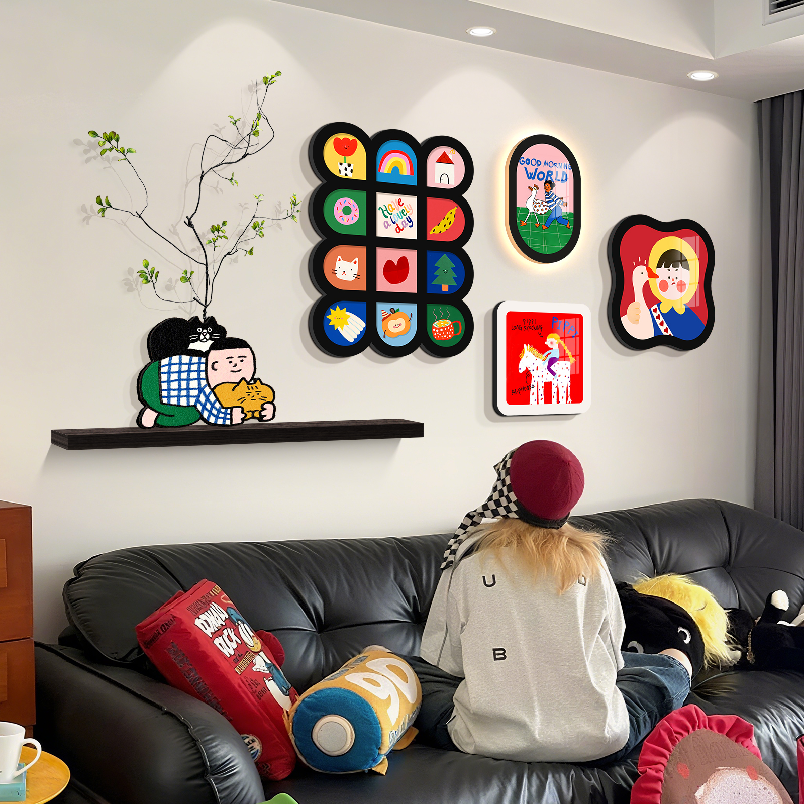 多巴胺客厅沙发背景墙装饰画治愈系儿童房挂画小众艺术组合墙壁画图片