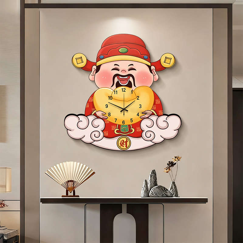 五福临门财神爷玄关带钟表装饰画