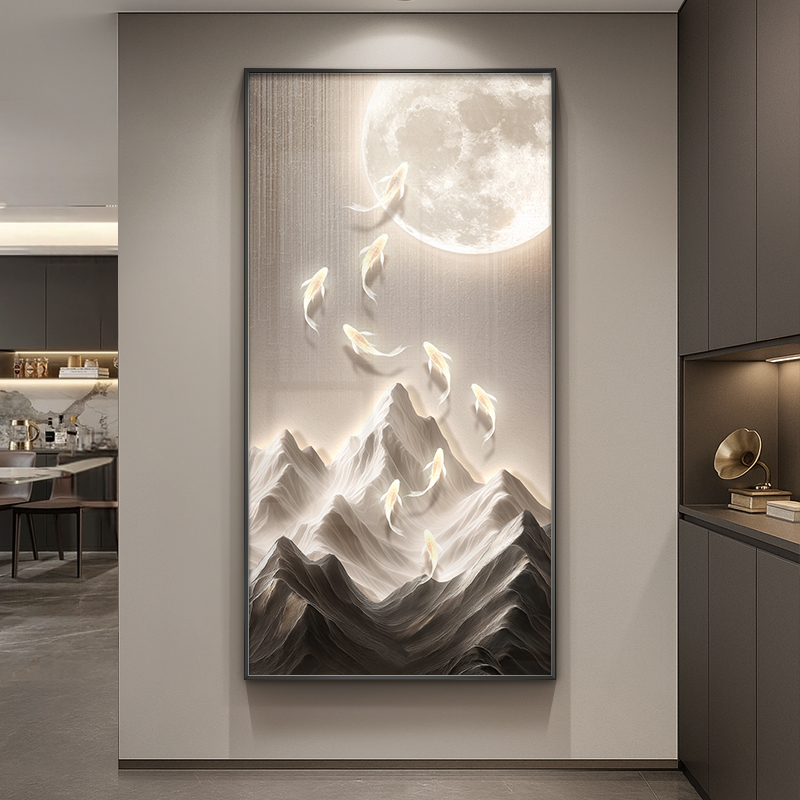 九鱼图现代轻奢玄关装饰画高级感入户门挂画大气山水走廊过道壁画图片
