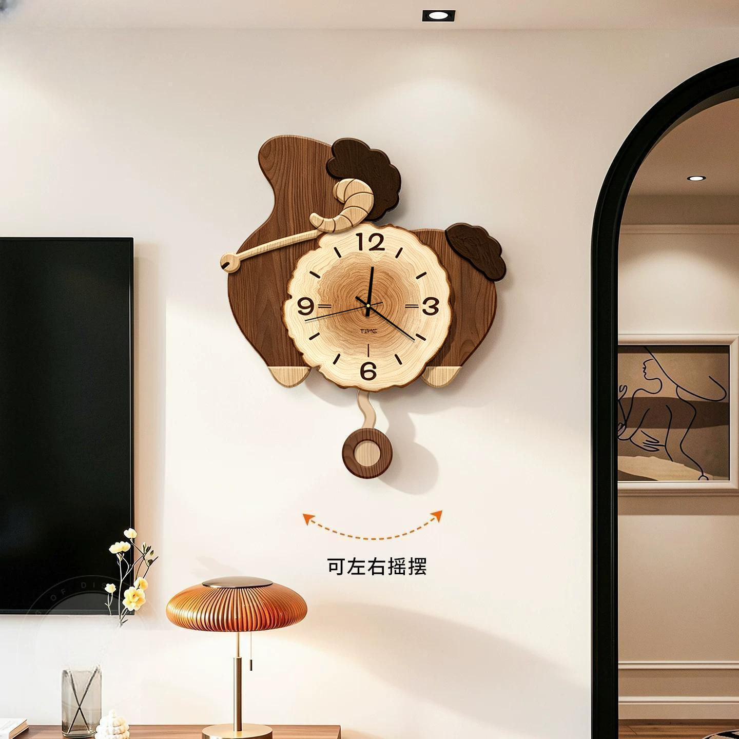 中古风客厅钟表装饰画电视背景墙静音时钟羊年高级感创意玄关挂钟