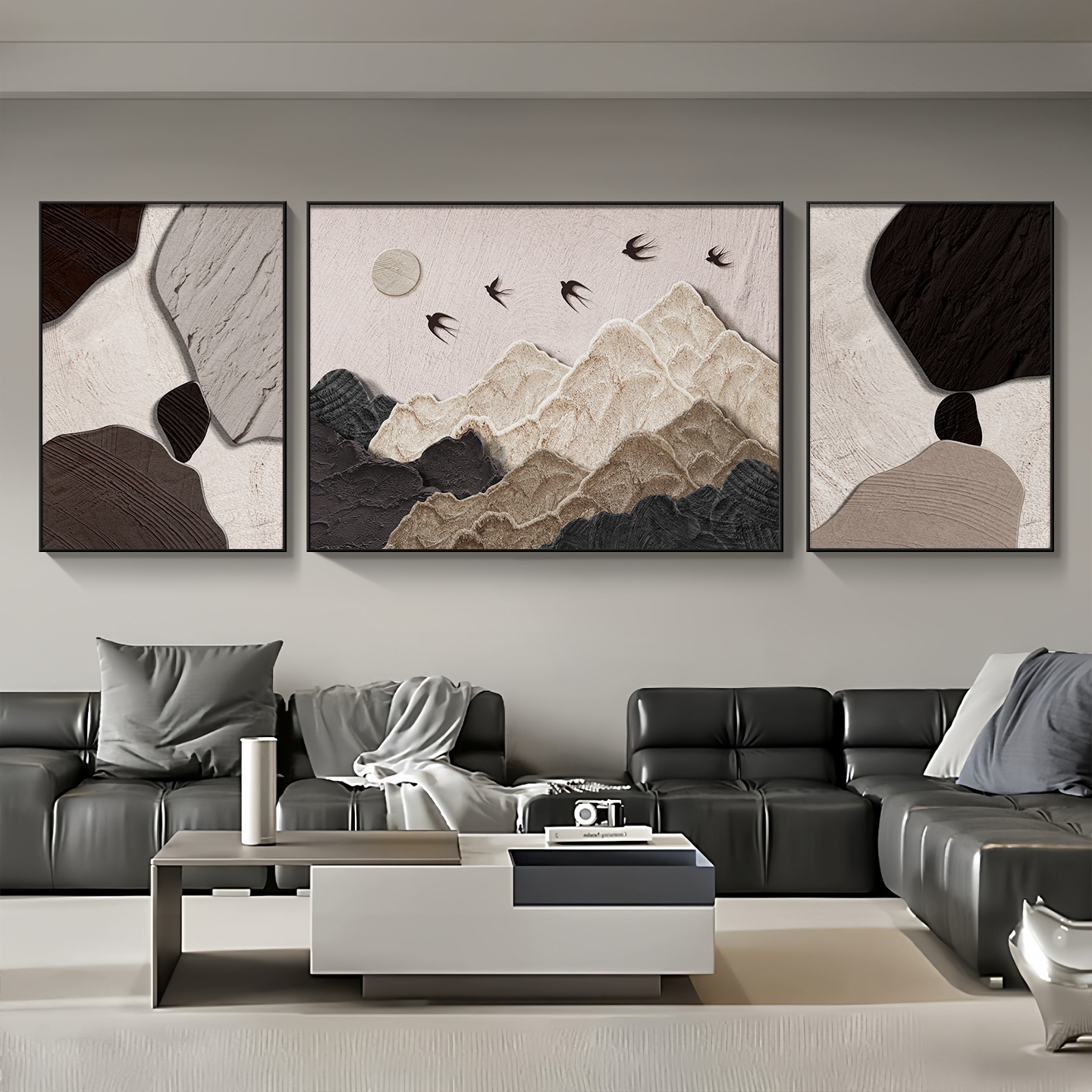 背有靠山客厅装饰画现代轻奢沙发背景墙挂画高级感大气三联墙壁画