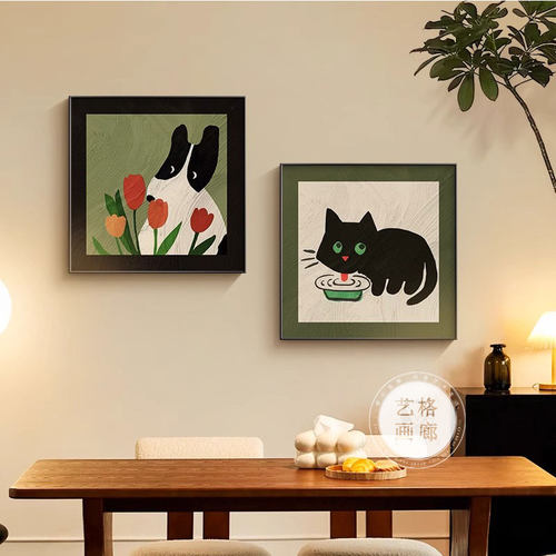 中古风多巴胺卡通动物餐厅装饰画