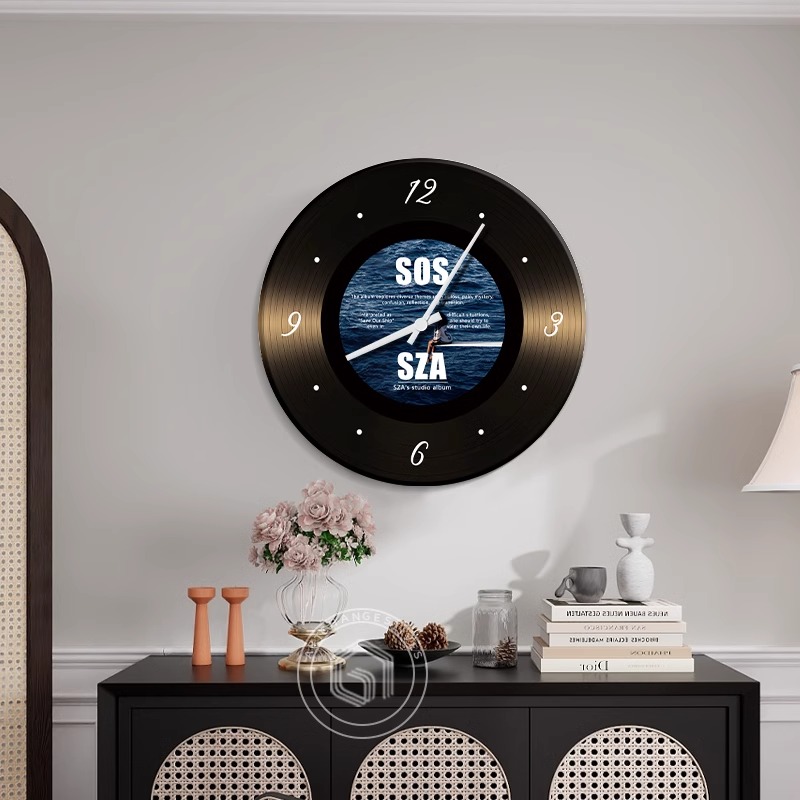 网红黑胶唱片客厅挂钟复古静音