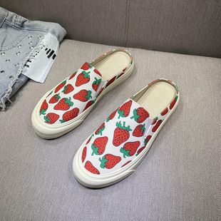 真皮拼色厚底无后跟懒人鞋 女外穿2026春夏新款 草莓帆布包头半拖鞋