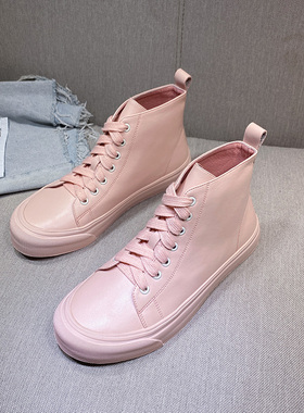 粉色春秋单靴2025新款真皮休闲系带英伦短筒厚底马丁靴女短靴圆头