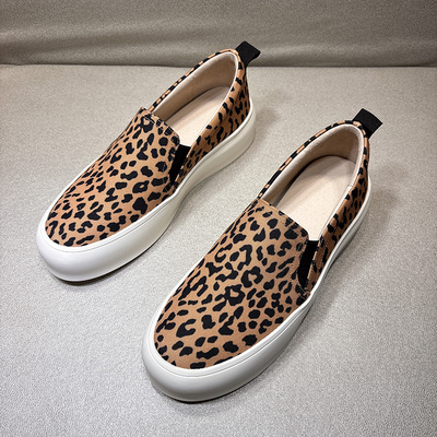 欧货豹纹乐福鞋女帆布厚底单鞋