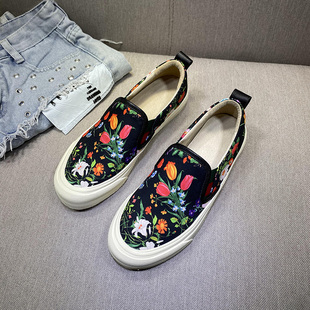 欧货乐福鞋 真皮平底单鞋 帆布印花一脚蹬懒人鞋 潮 女英伦2026春新款