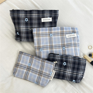 格子笔袋复古bm风ins日韩收纳洗漱包大小号化妆包撞色格纹