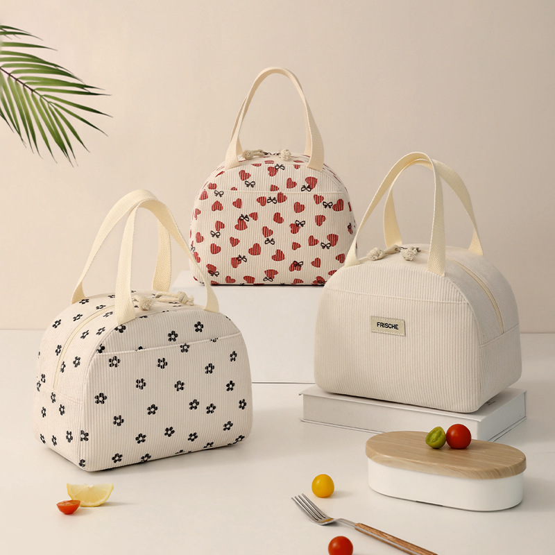 新款灯芯绒半圆通勤餐包手提便当包饭盒袋学生上班族午餐餐包手提