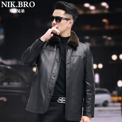 海宁真皮皮衣100%头层牛皮加厚加绒拆卸内胆男士中年皮夹克冬外套