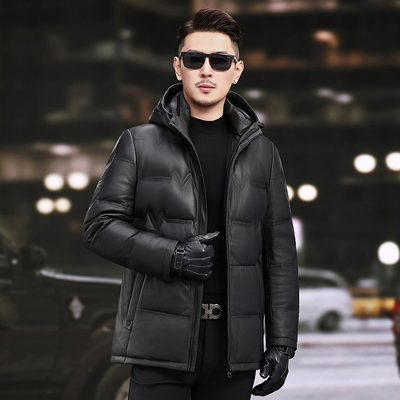 头层皮海宁真皮皮衣男连帽皮夹克白鸭绒内胆绵羊皮加厚皮羽绒外套
