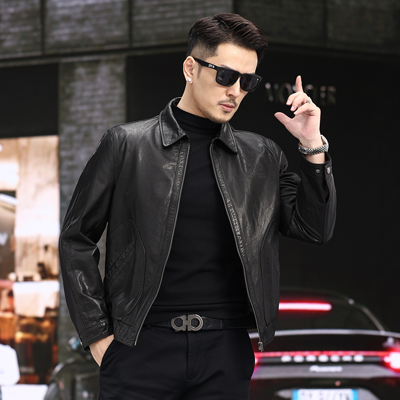 2025海宁新款真皮皮衣男士油蜡牛皮夹克修身休闲青年翻领春秋夹克