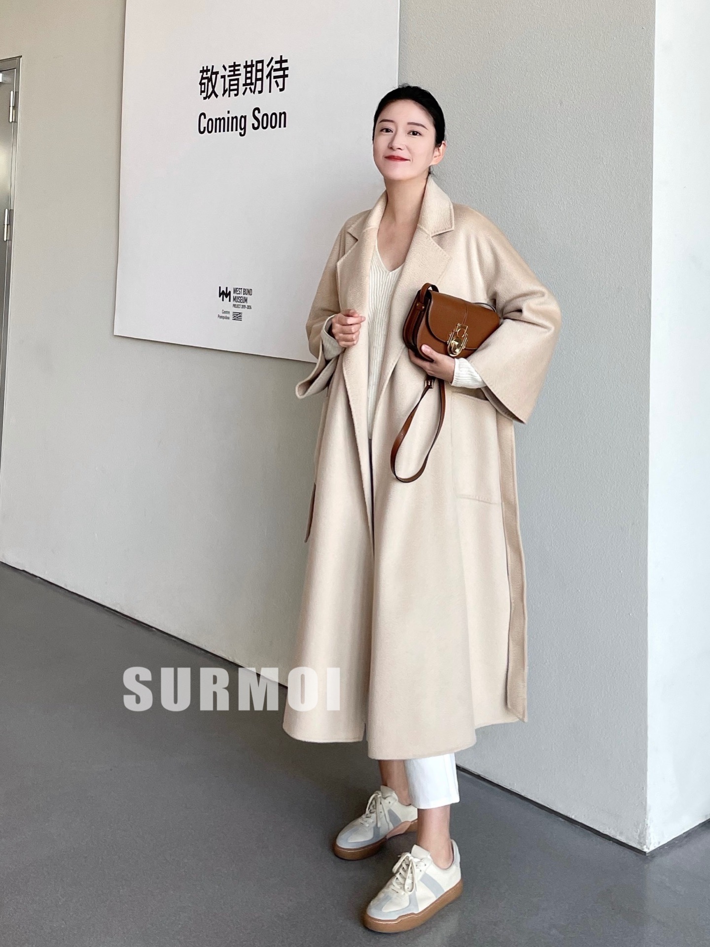 驼色双面呢浴袍款宽松羊毛大衣