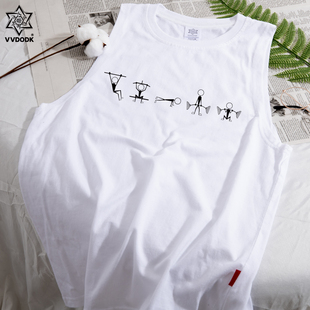 健身无袖火柴人三大项健身背心衣训练服男女圆领运动训练印花纯棉