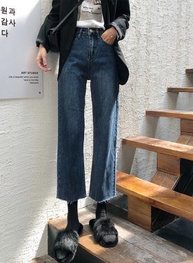 小个子150裤子八分毛边阔腿牛仔裤女春夏显高搭配155xs直筒九分裤