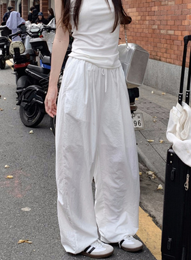 小个子裤子美式速干阔腿裤女夏季薄款白色高腰显瘦工装休闲直筒裤