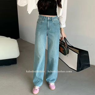 女春夏宽松小个子145xs浅色高腰直筒长裤 150cm九分窄版 阔腿牛仔裤