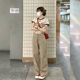 子 小个子显高搭配高腰直筒宽松百搭休闲阔腿裤 卡其色牛仔裤 女夏装