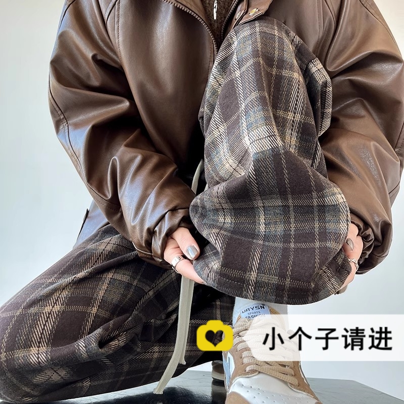 150小个子xs秋冬加厚格子阔腿裤