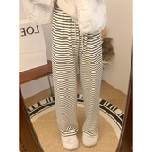 休闲直筒裤 150小个子黑白条纹阔腿裤 女秋冬加绒加厚抽绳155小码 子