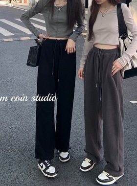 小个子150束脚运动裤春秋女灰色直筒九分卫裤显高穿搭145阔腿长裤